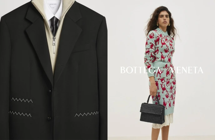 Fashion layout featuring a woman in a red lobster patterned sweater and skirt, black woven handbag, and a black blazer with white stitching.