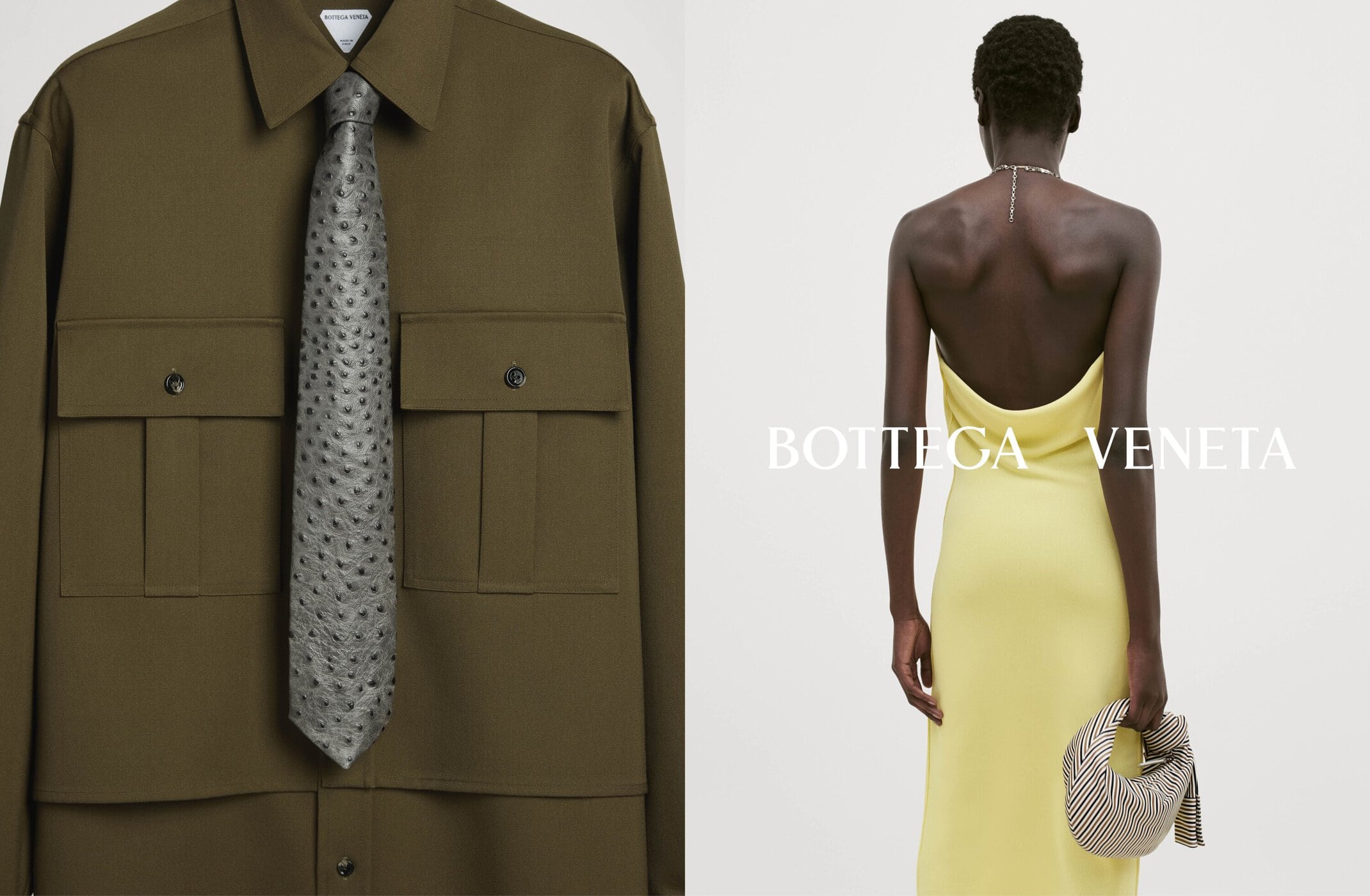 Fashion layout featuring an olive-green jacket with a textured grey tie, alongside a model in a yellow backless dress, holding a striped bag.
