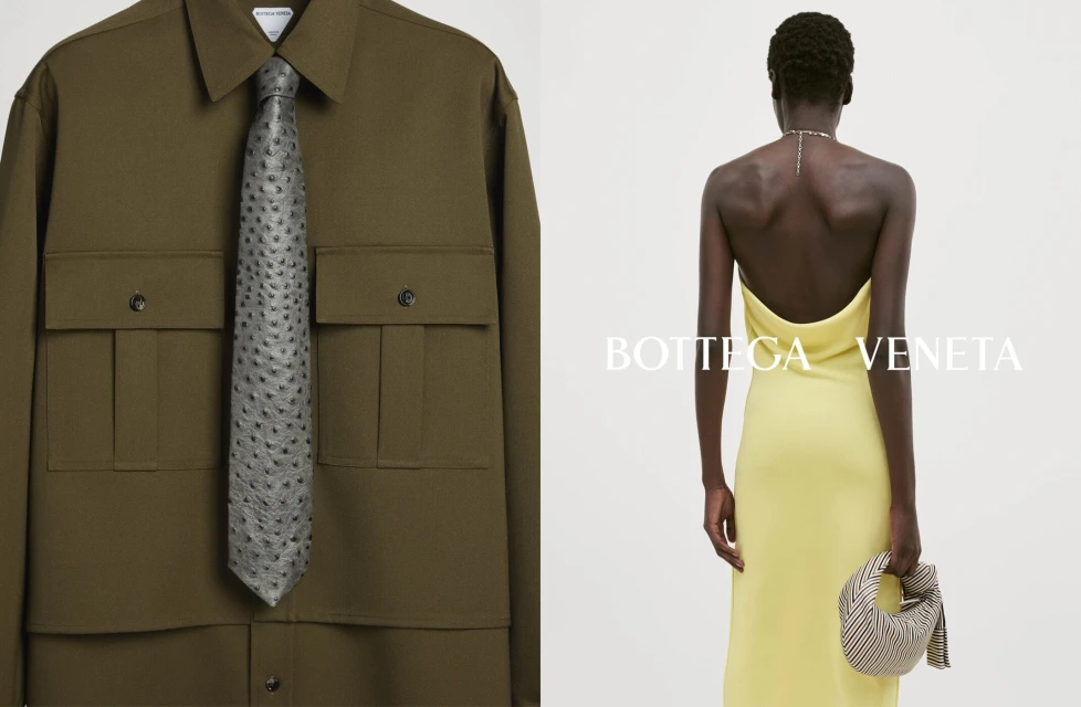 Fashion layout featuring an olive-green jacket with a textured grey tie, alongside a model in a yellow backless dress, holding a striped bag.
