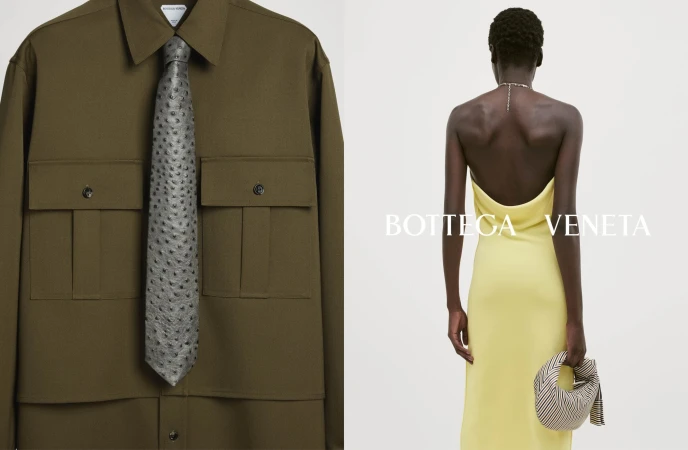 Fashion layout featuring an olive-green jacket with a textured grey tie, alongside a model in a yellow backless dress, holding a striped bag.