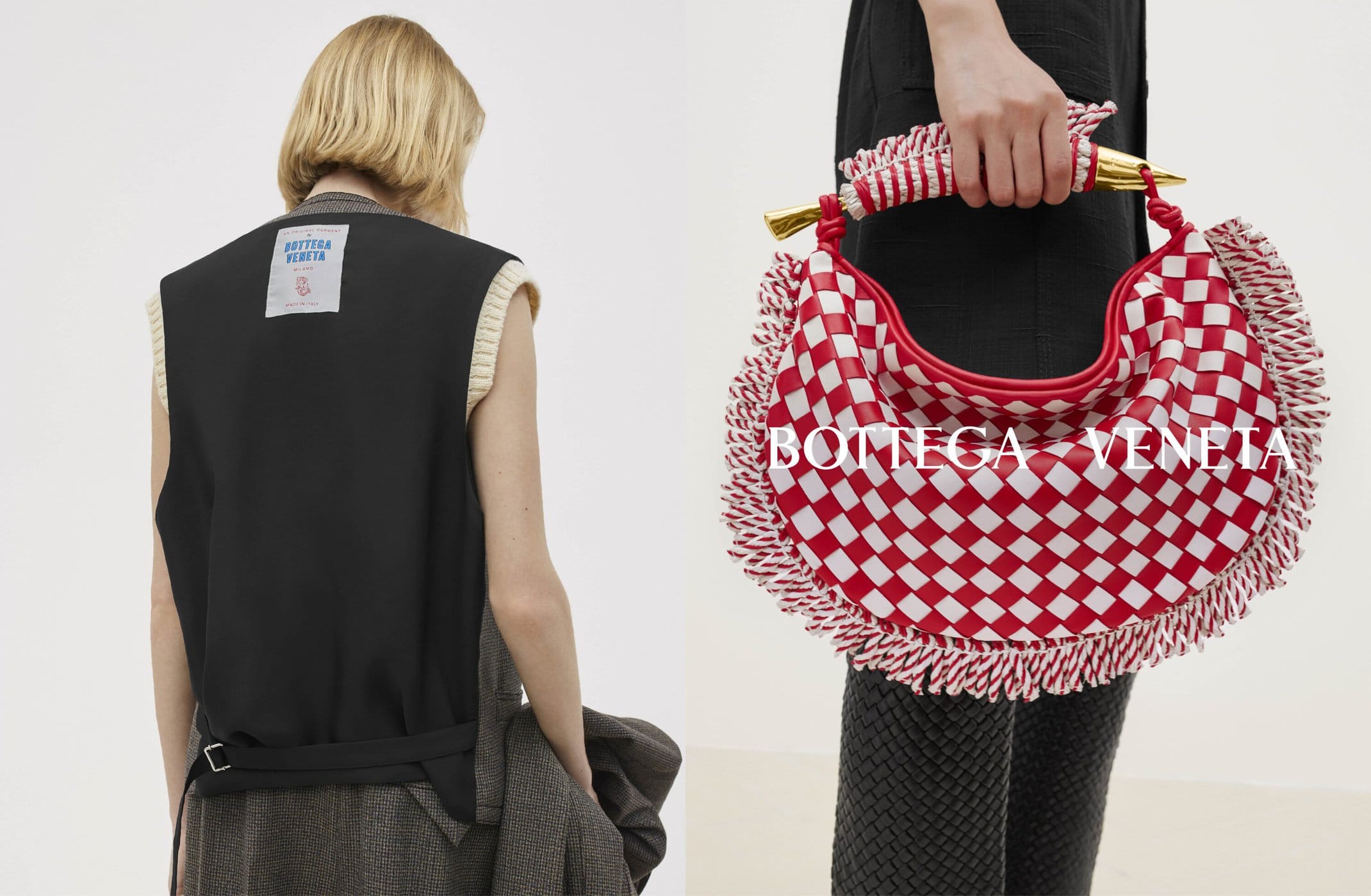 Fashion shot featuring a blonde woman in a sleeveless vest and a model displaying a checkerboard-patterned Bottega Veneta bag.