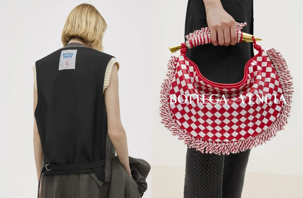 Fashion shot featuring a blonde woman in a sleeveless vest and a model displaying a checkerboard-patterned Bottega Veneta bag.