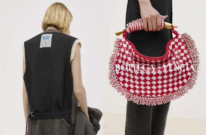 Fashion shot featuring a blonde woman in a sleeveless vest and a model displaying a checkerboard-patterned Bottega Veneta bag.