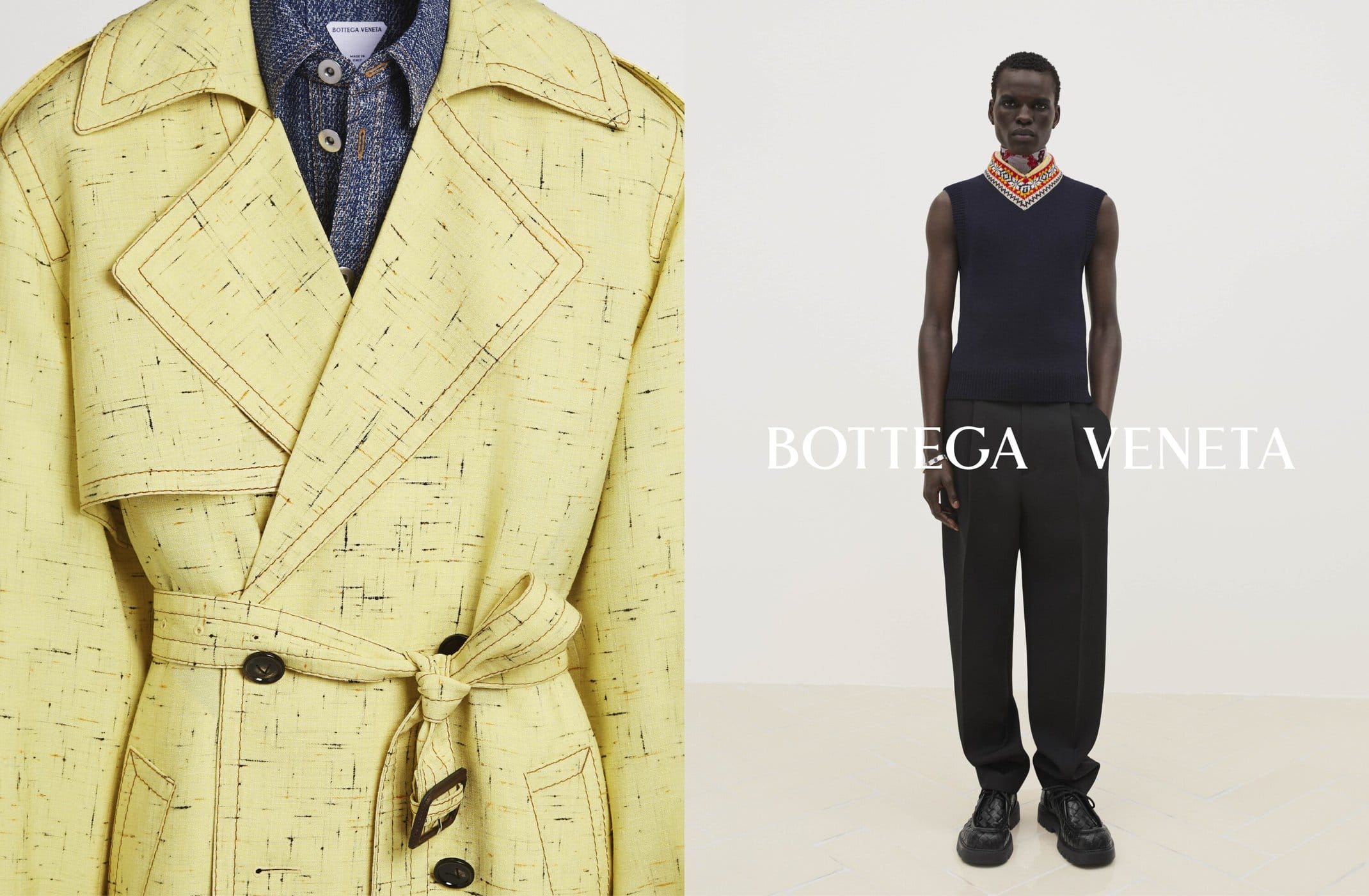 Fashion editorial shot featuring a man modeling Bottega Veneta clothing with a yellow trench coat. The backdrop is a clean, neutral tone.