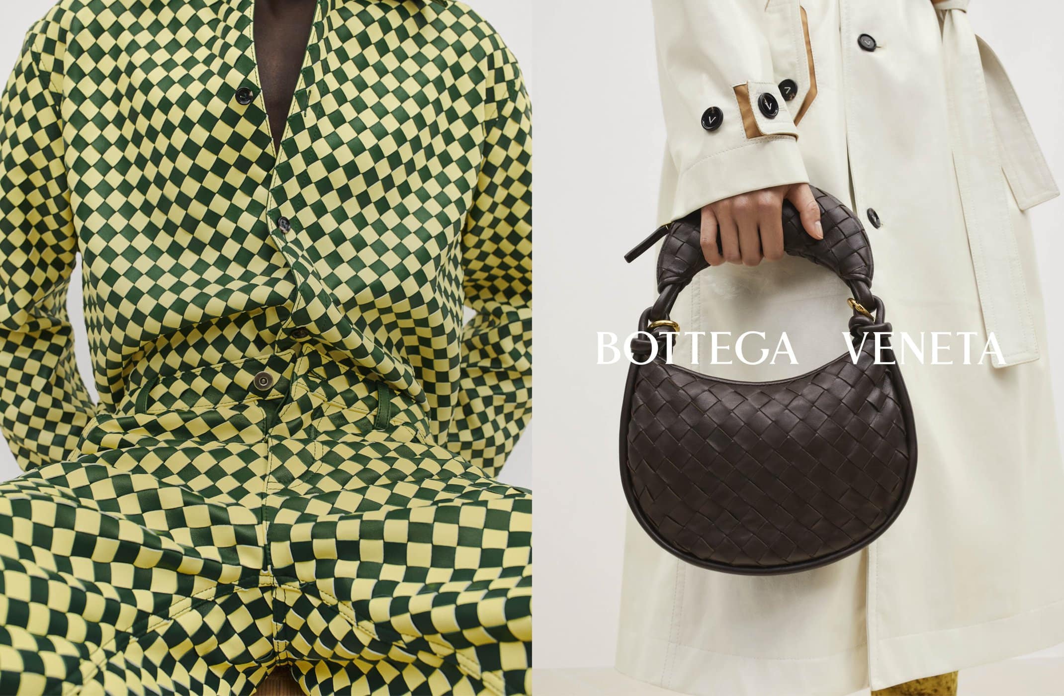 Fashion shot featuring a person in a checkered suit and a model holding a woven leather handbag, showcasing a stylish studio composition.