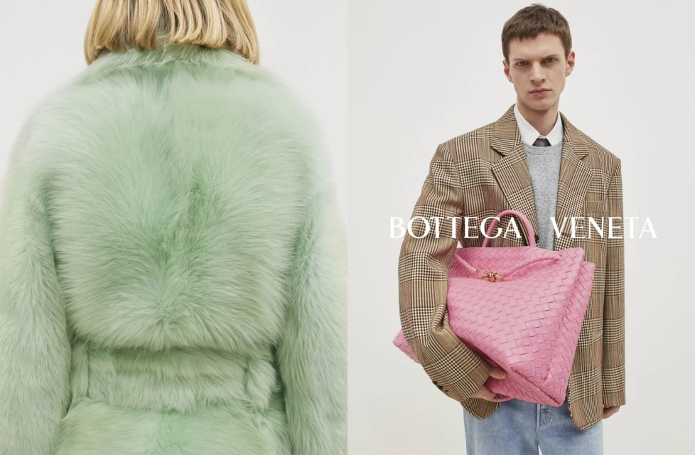 Fashion editorial shot featuring a male model in a blazer with a pink woven bag and a woman in a green fur coat against a white backdrop.