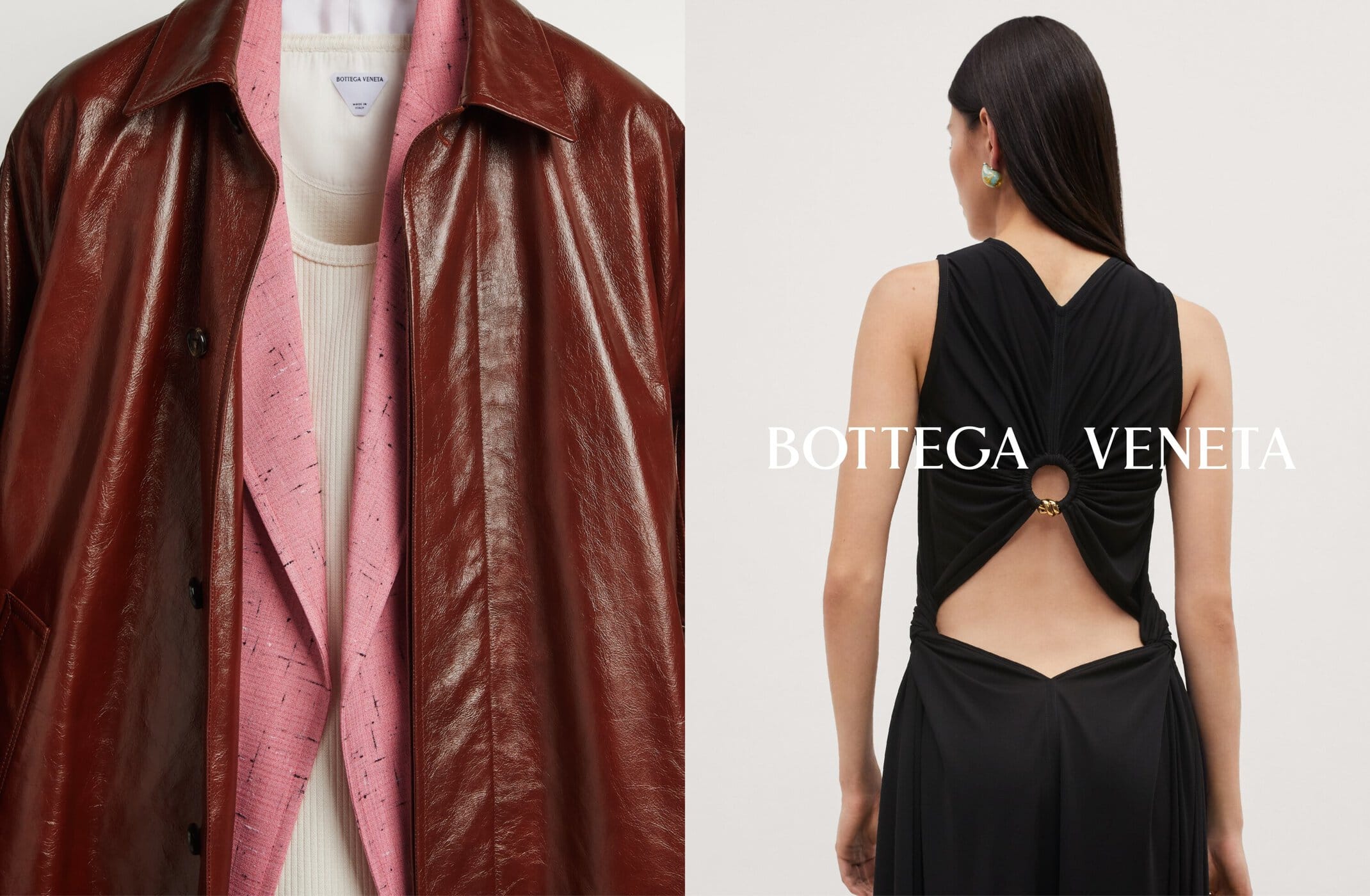 Fashion advertisement featuring a woman in a black dress with an open back, contrasted against a glossy brown jacket.