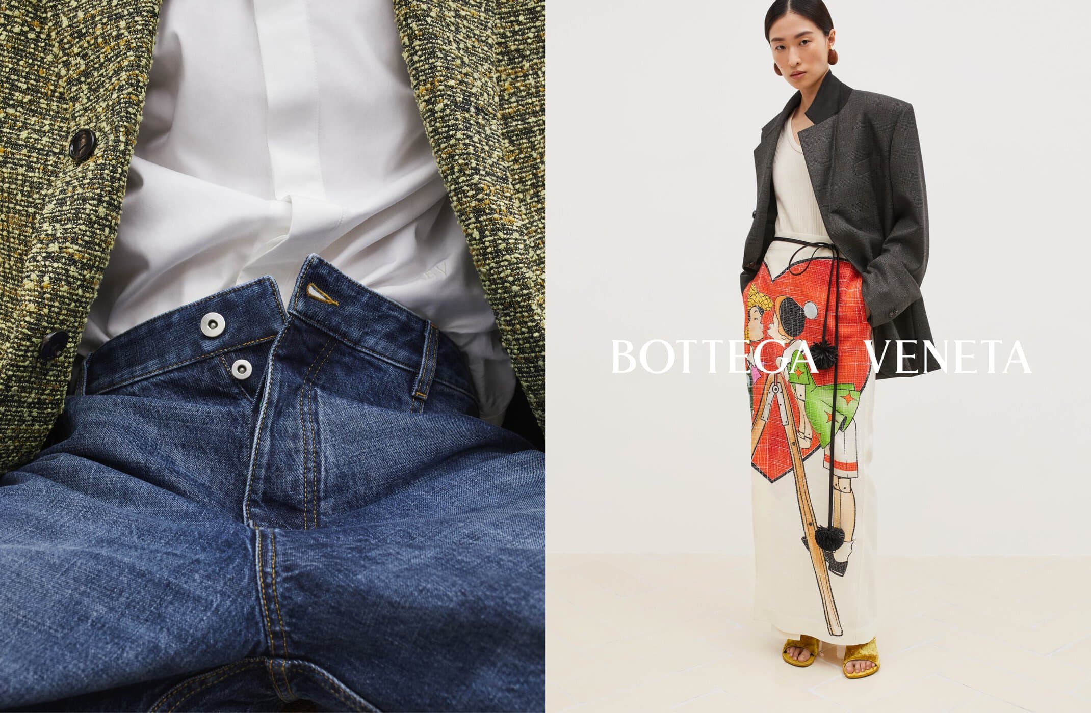 Fashion shot featuring a model in a grey blazer and printed trousers, alongside a close-up of denim jeans and a tweed jacket.