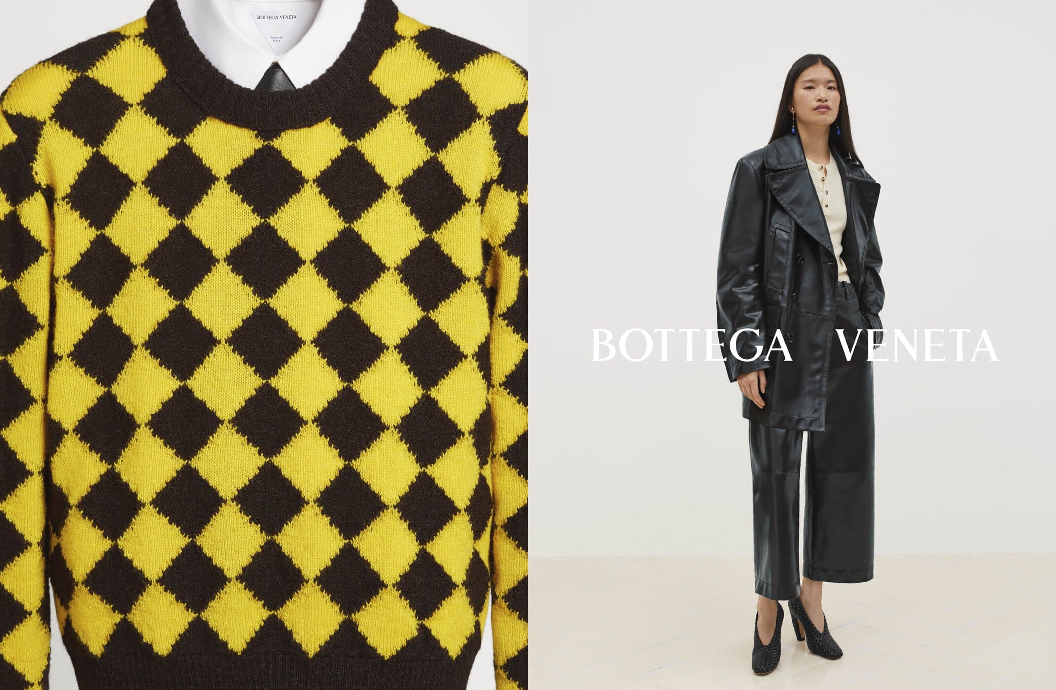 Fashion layout featuring a yellow and black diamond patterned sweater and a woman in a black leather coat and black pants.