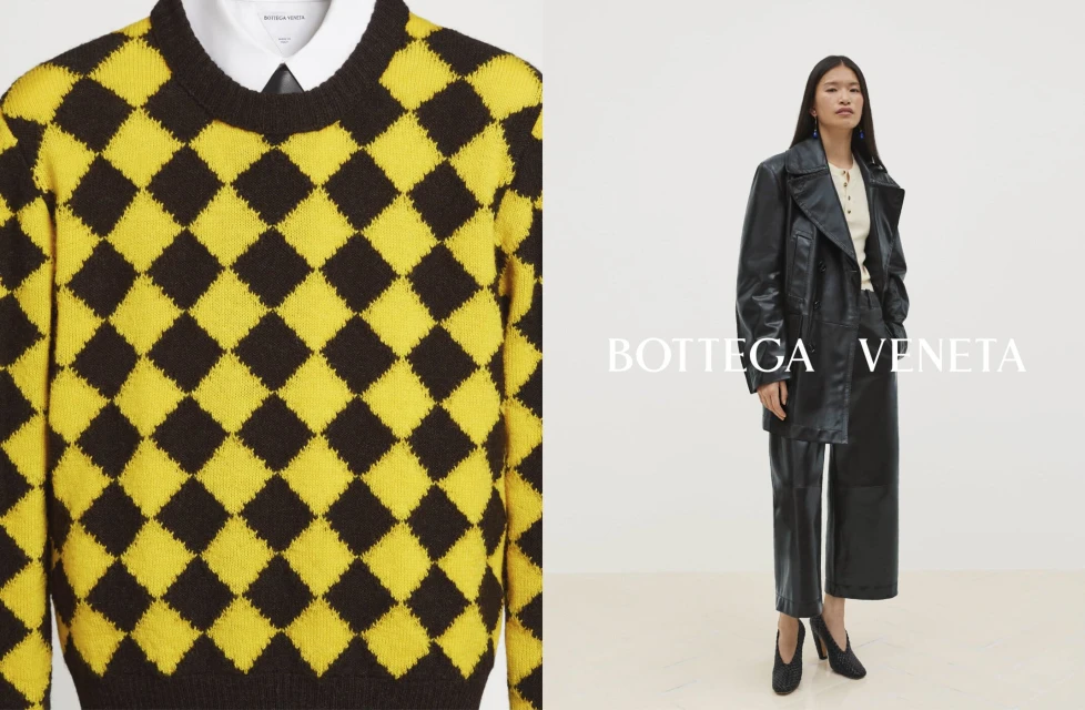 Fashion layout featuring a yellow and black diamond patterned sweater and a woman in a black leather coat and black pants.