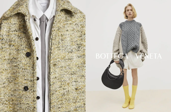 Fashion editorial featuring a model in a chunky knit sweater, shorts, boots, and a Bottega Veneta bag, alongside a patterned jacket.