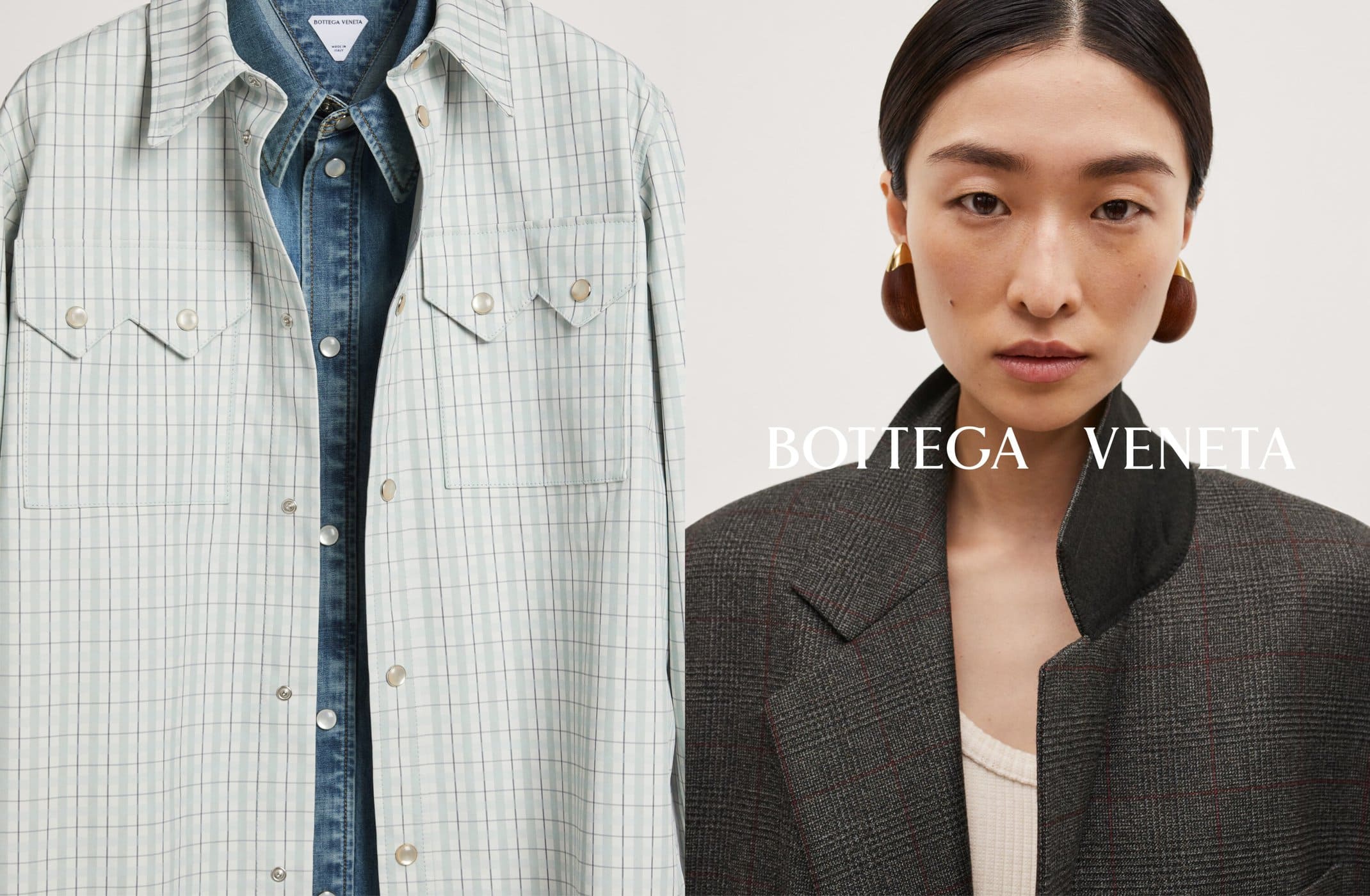 Fashion editorial shot with a woman in a blazer and wooden earrings next to a plaid shirt; Bottega Veneta logo is visible.