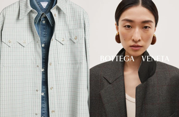 Fashion editorial shot with a woman in a blazer and wooden earrings next to a plaid shirt; Bottega Veneta logo is visible.