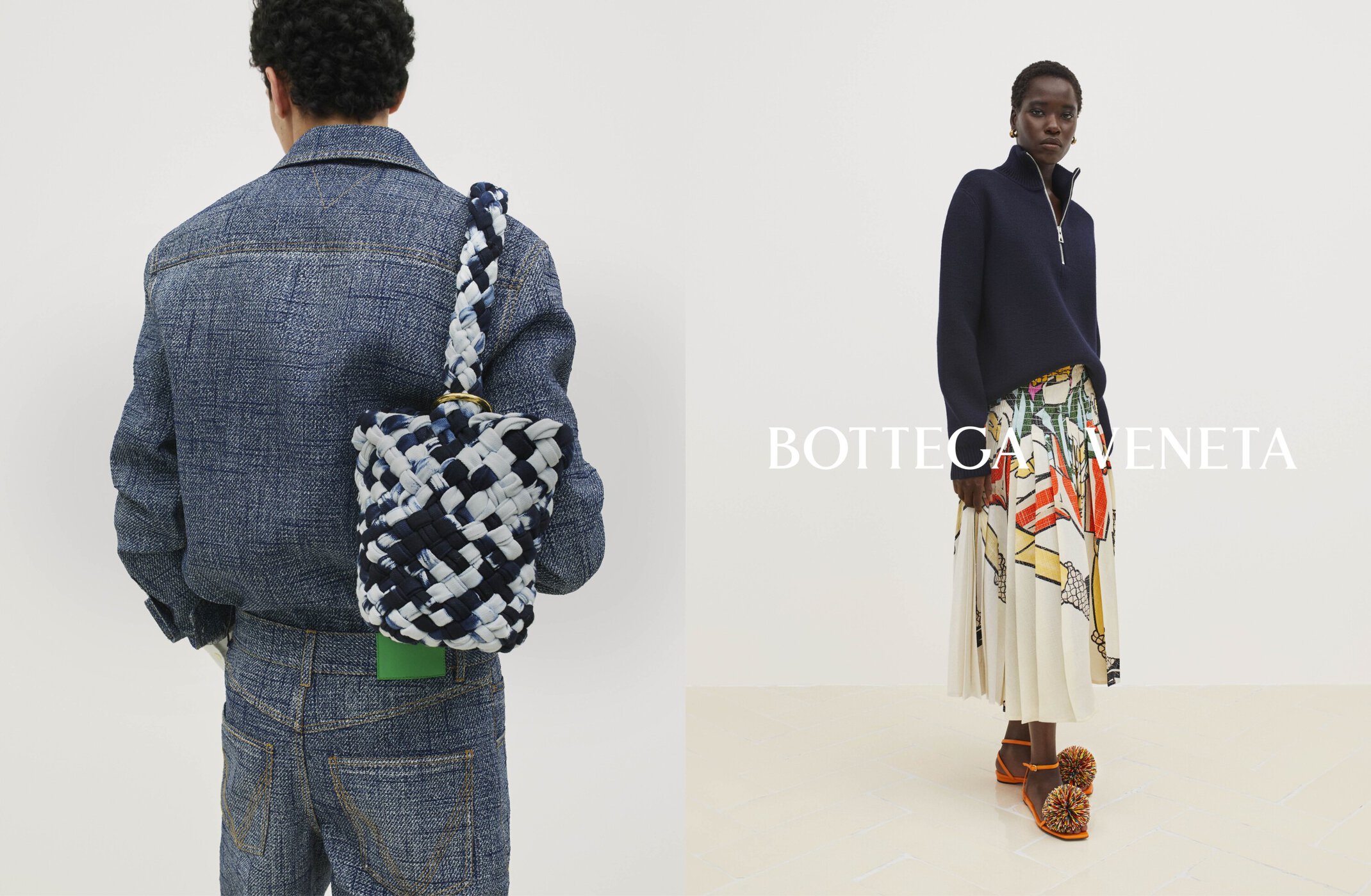 Fashion shot featuring a woman in a skirt and sweater and a person in a denim outfit with woven bag against a white backdrop.