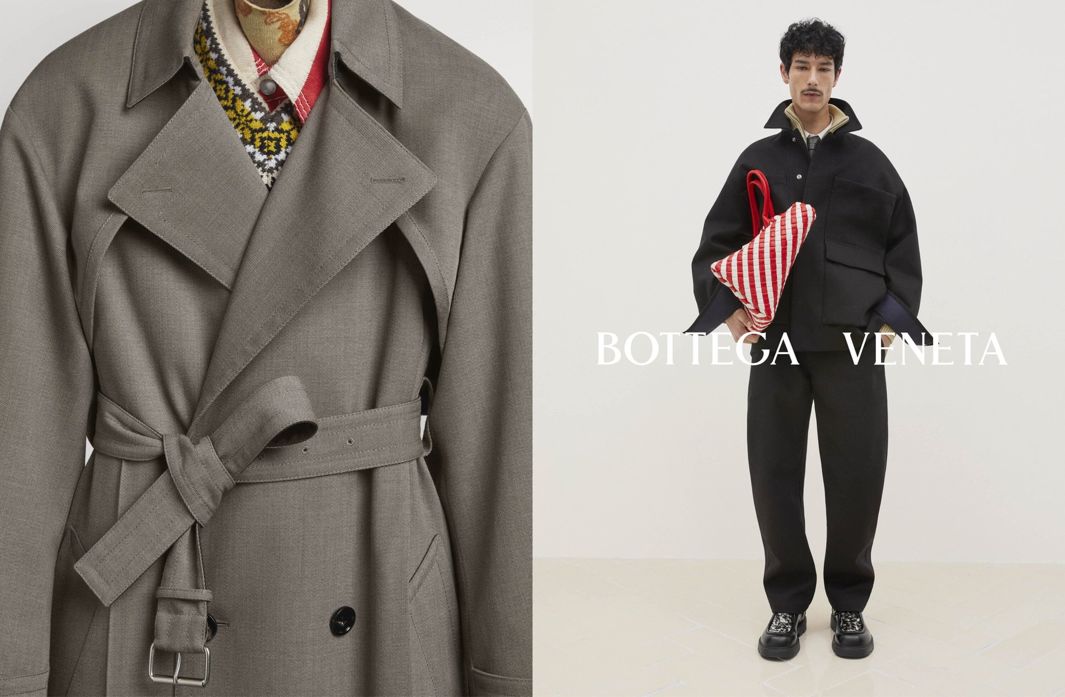 Fashion advertising shot of a tan trench coat and model in a black jacket and pants holding a red-and-white striped bag on a white background.