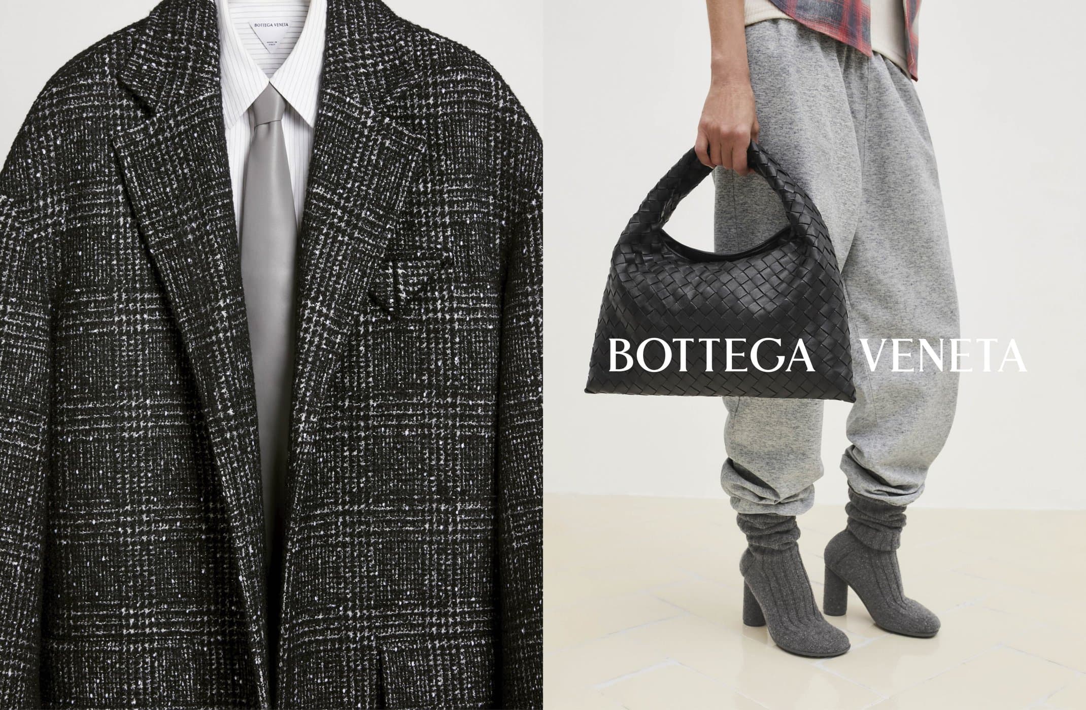 Fashion editorial featuring a black and white plaid blazer with a gray tie, a Bottega Veneta handbag, gray sweatpants, and heeled booties.