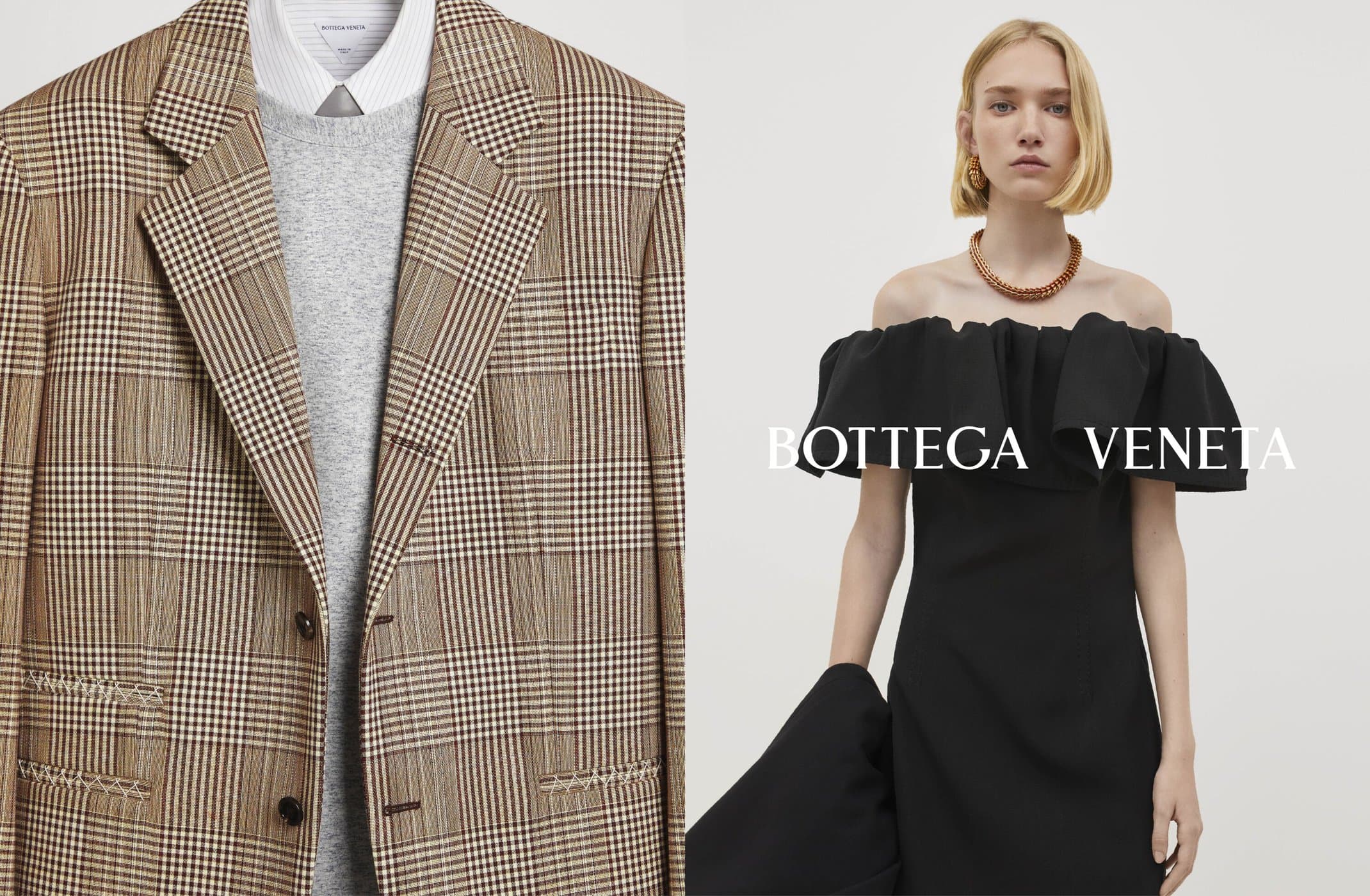 Fashion advertisement featuring a woman in a black dress and a blazer with a plaid pattern on a split white background.