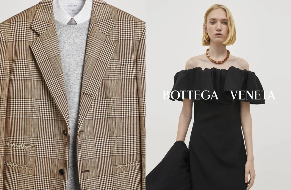 Fashion advertisement featuring a woman in a black dress and a blazer with a plaid pattern on a split white background.