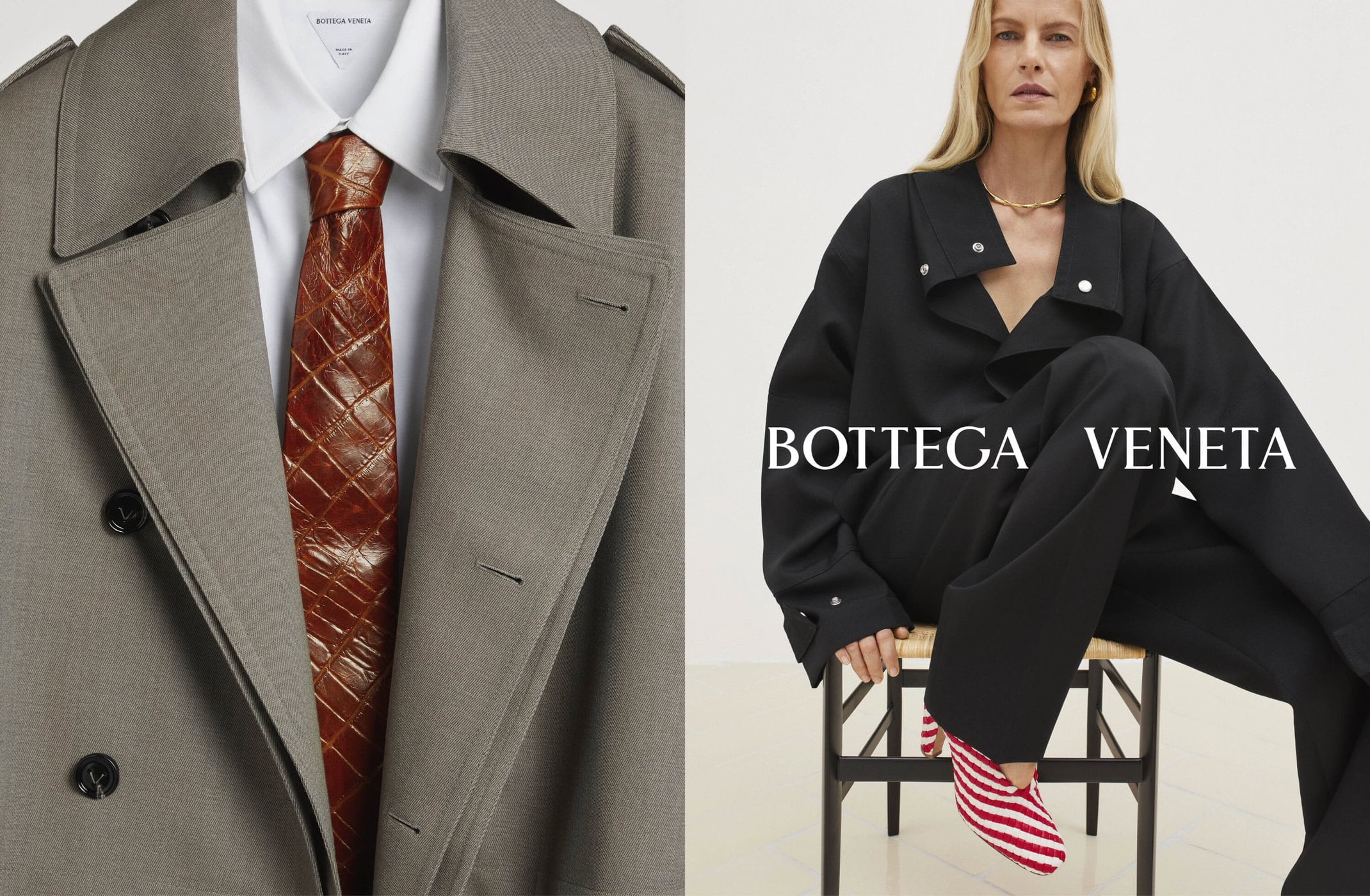 Fashion-forward split image: close-up of a trench coat with a leather tie, and a posed woman wearing black attire and striped heels.