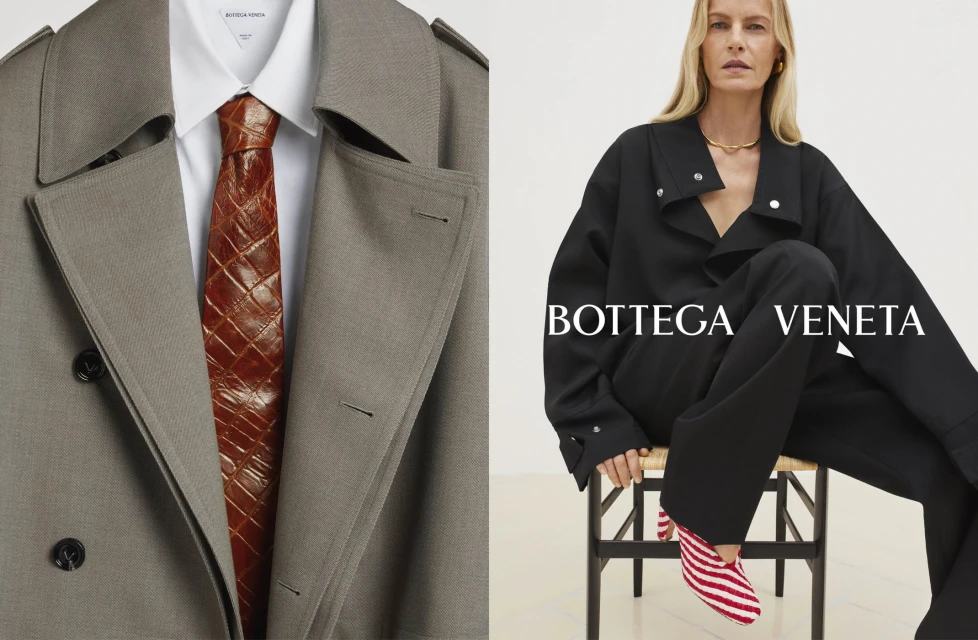 Fashion-forward split image: close-up of a trench coat with a leather tie, and a posed woman wearing black attire and striped heels.