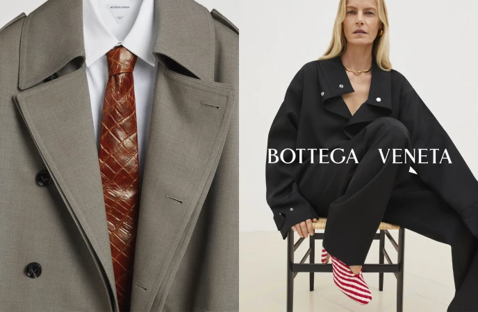 Fashion-forward split image: close-up of a trench coat with a leather tie, and a posed woman wearing black attire and striped heels.