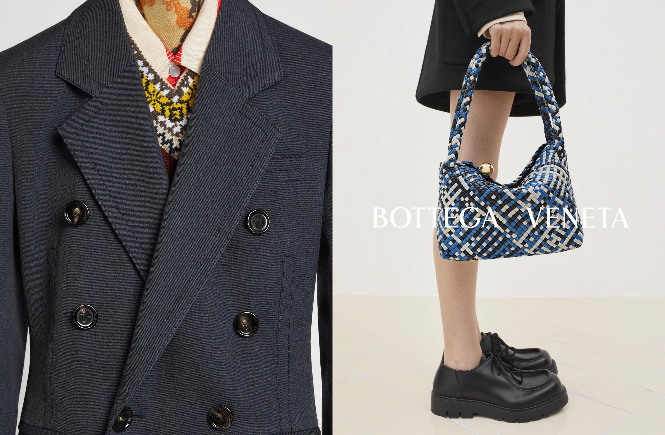 Fashion editorial shot of a double-breasted navy blazer with a patterned sweater and woman carrying a blue woven purse with black loafers.