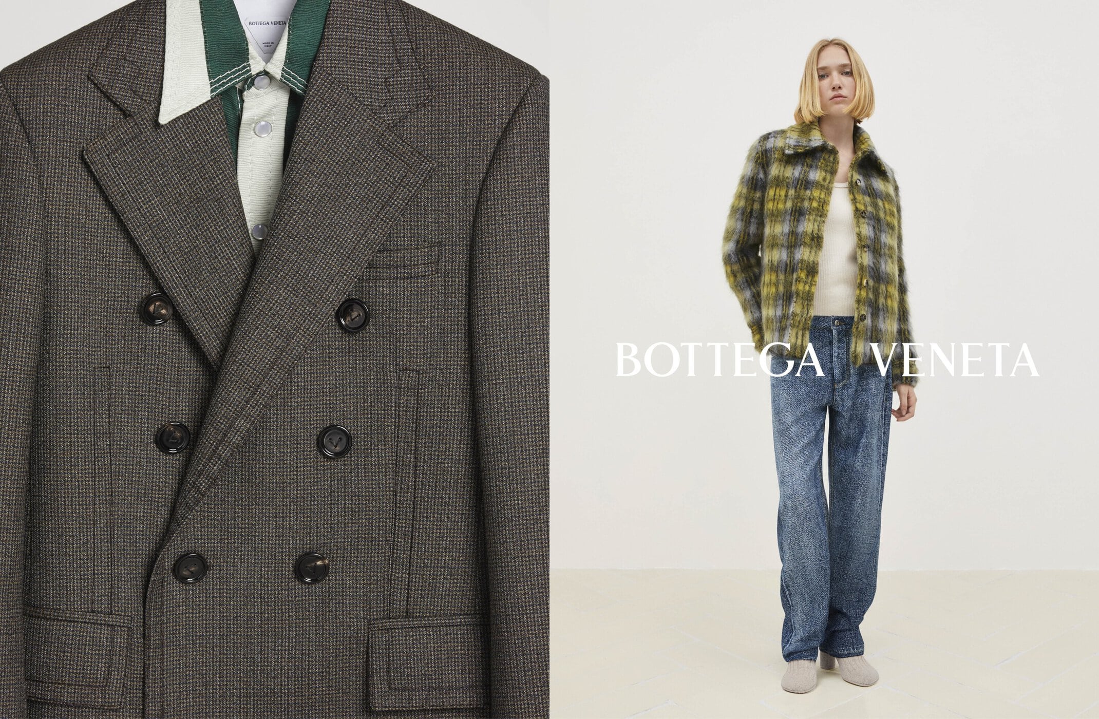 A split view displays a gray patterned double-breasted blazer and a woman in a plaid jacket and jeans on a white background.