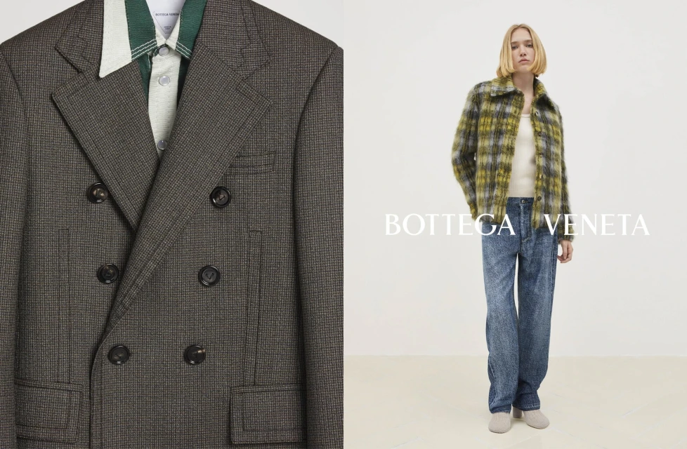A split view displays a gray patterned double-breasted blazer and a woman in a plaid jacket and jeans on a white background.
