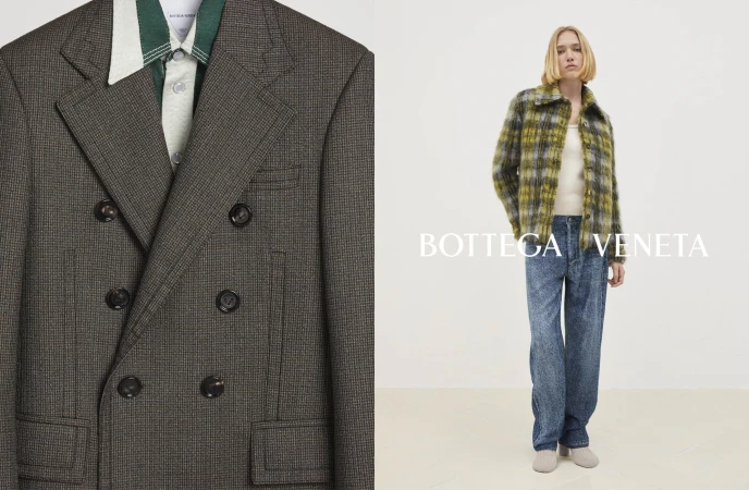 A split view displays a gray patterned double-breasted blazer and a woman in a plaid jacket and jeans on a white background.