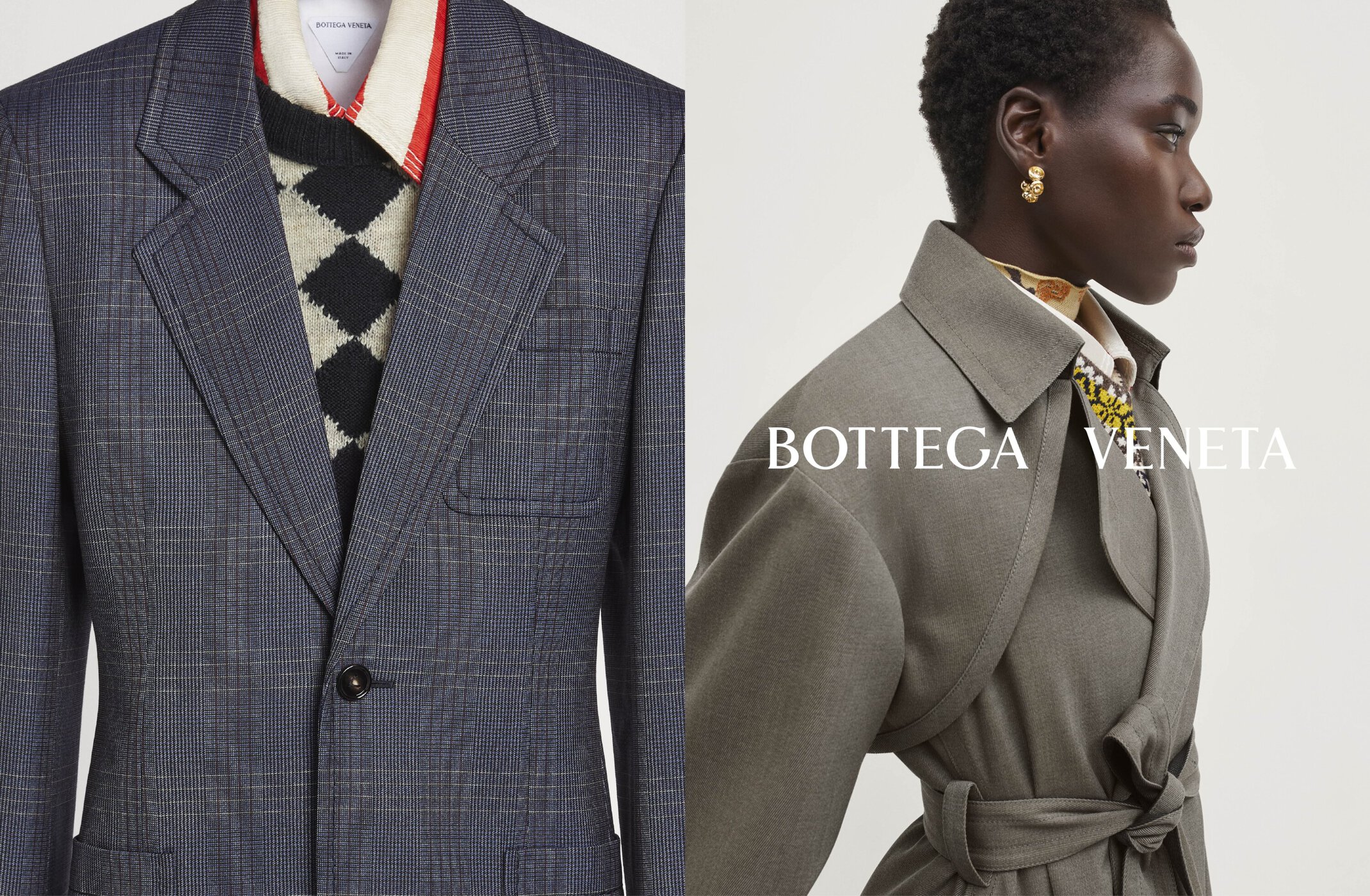 Fashion editorial split image featuring a tailored grey plaid blazer and a woman wearing a belted grey trench coat, studio setting.