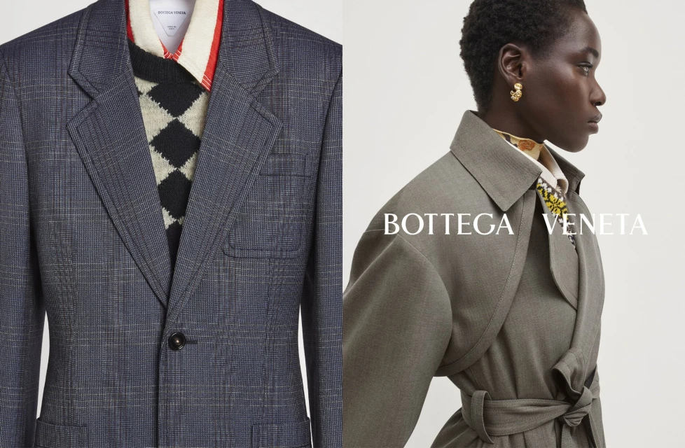 Fashion editorial split image featuring a tailored grey plaid blazer and a woman wearing a belted grey trench coat, studio setting.