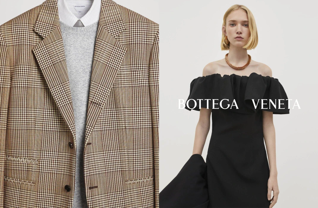 Bottega Veneta diptych featuring a tailored brown plaid blazer layered over knitwear beside a blonde woman in an off-the-shoulder black dress.