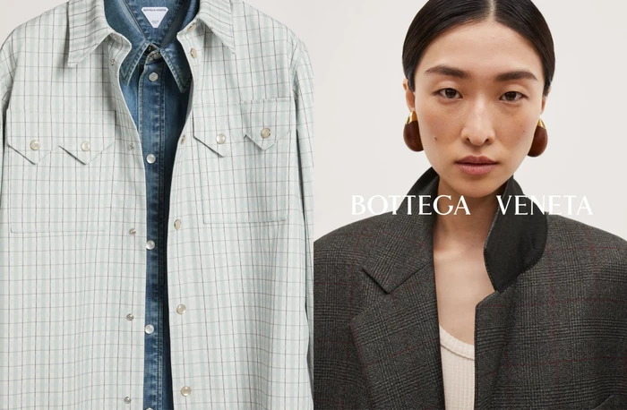 Bottega Veneta diptych featuring a layered grid shirt and denim button-down alongside a portrait of a woman in a grey checked coat.
