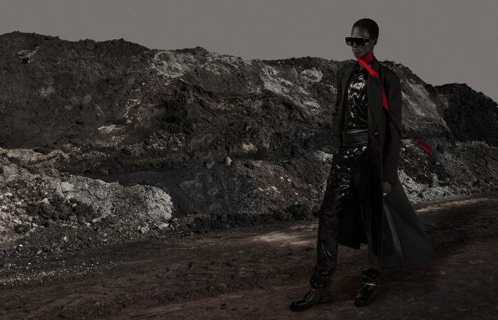 Dark-skinned woman in sunglasses, black coat, and shiny black pants stands on gray dirt, with a dark, textured hill in the background.