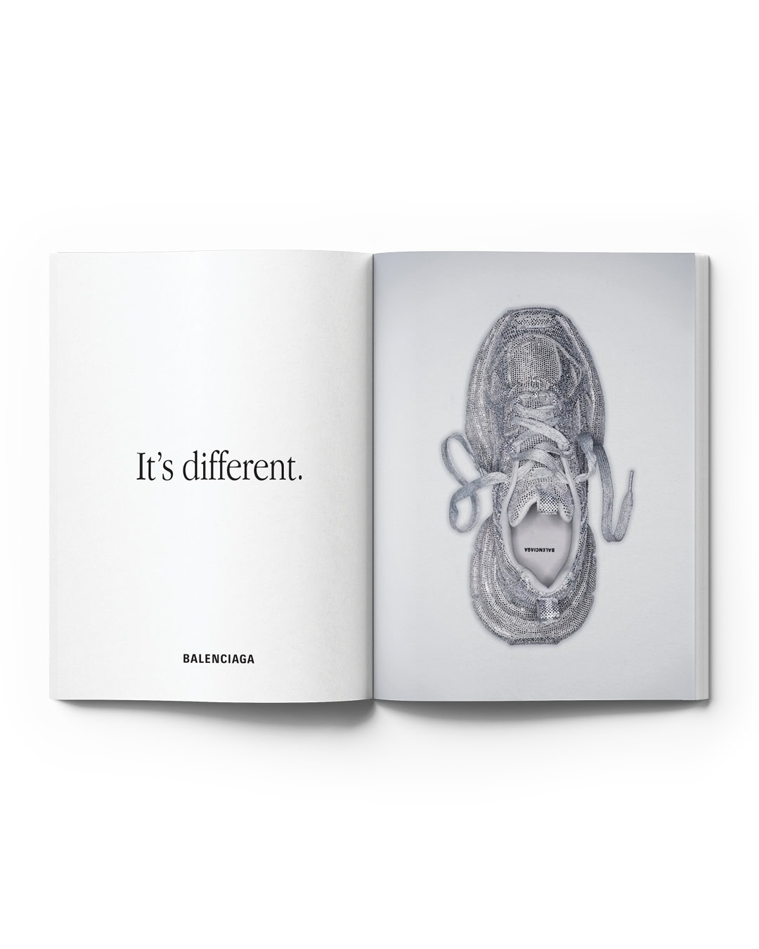 Open magazine features a Balenciaga sneaker, showcased in a product shot with text that reads 'It's different,' against a white background.