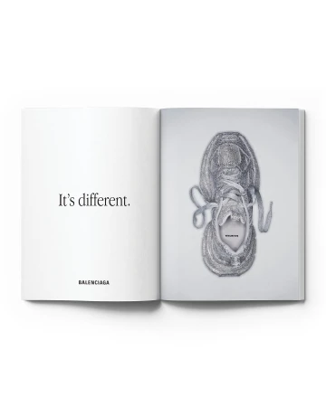 Open magazine features a Balenciaga sneaker, showcased in a product shot with text that reads 'It's different,' against a white background.