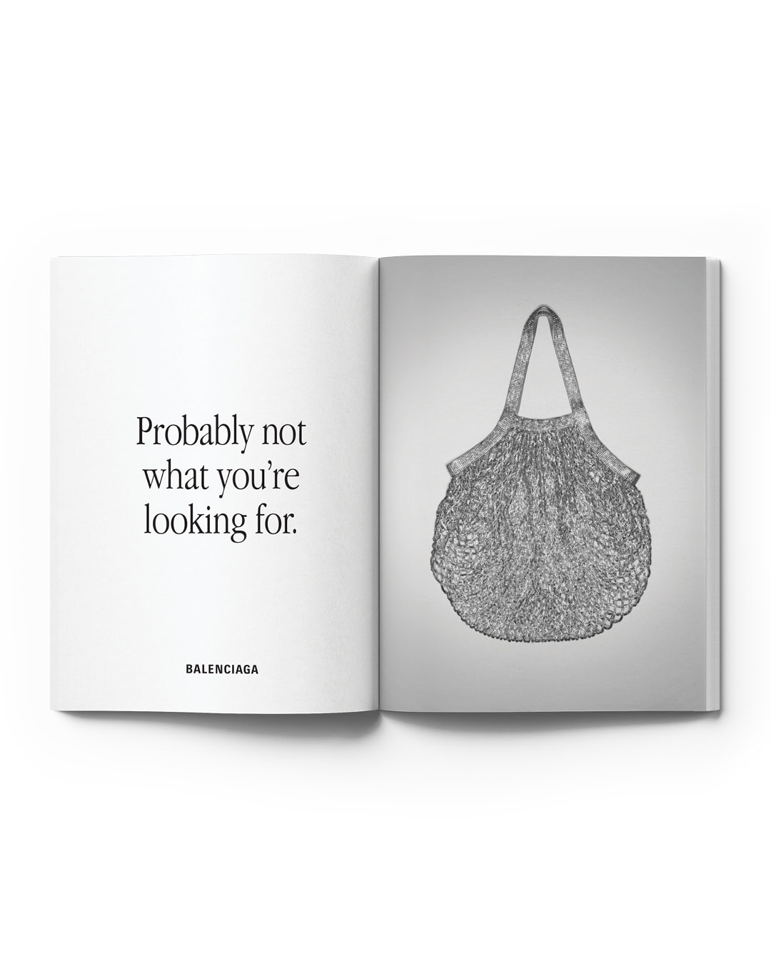 Open magazine spread featuring a sketched handbag on the right page and brand text on the left page, set against a clean white background.