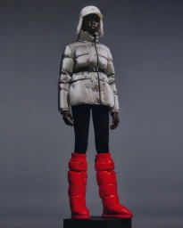 Model posing in a metallic silver puffer jacket, black leggings, and knee-high red down boots against a grey studio backdrop.