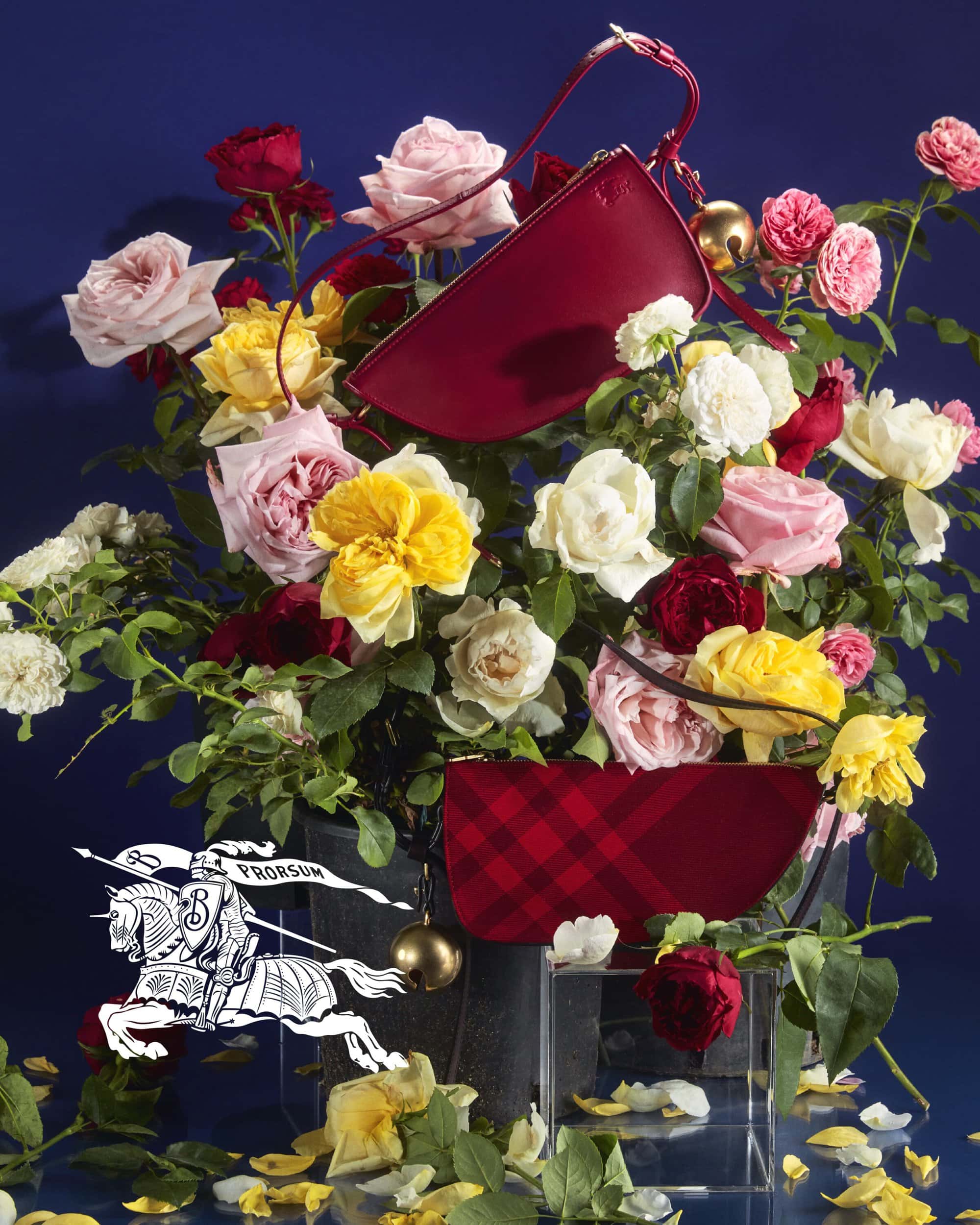 Roses and a luxurious red purse showcased against a dark blue background, creating a vibrant fashion editorial scene.