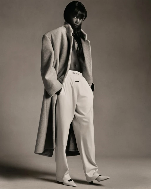 Elegant fashion shot of an adult woman in an oversized wool coat and white pants, standing in a neutral studio setting, minimalist style.