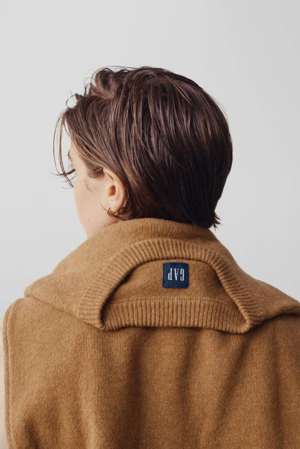 Back view of a person with short brown hair wearing a tan sweater with a blue GAP logo on the collar against a plain white background.