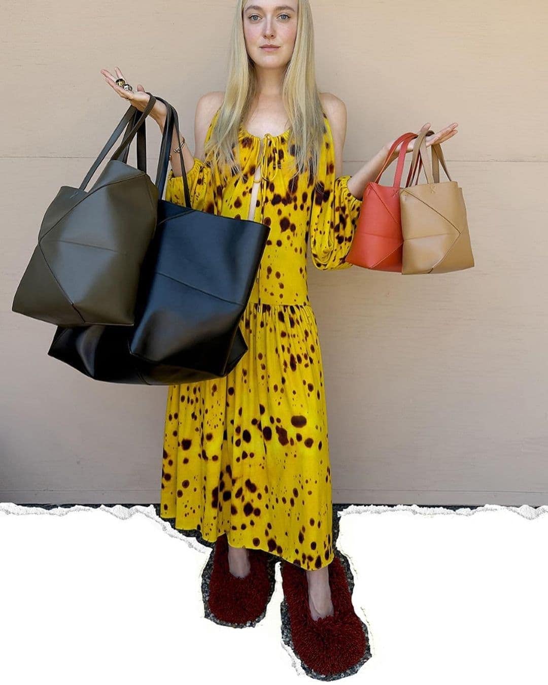 Blonde woman in a yellow dress holds two black and one tan tote bags, posing against a neutral background. She wears fuzzy, unique shoes.