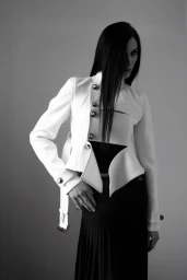 Model in white structured jacket with dark skirt against a plain studio background for METAL Magazine by Joaquin Castillo