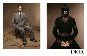 Dior Cruise 2024 campaign diptych showing a model in a grey plaid suit seated beside branches and a model in an embroidered black jacket.