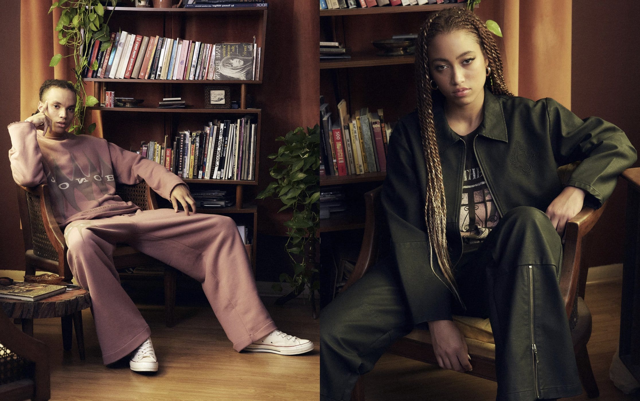 Two models, an adult male and female, pose in a room interior setting in casual clothing with bookshelves in the background.