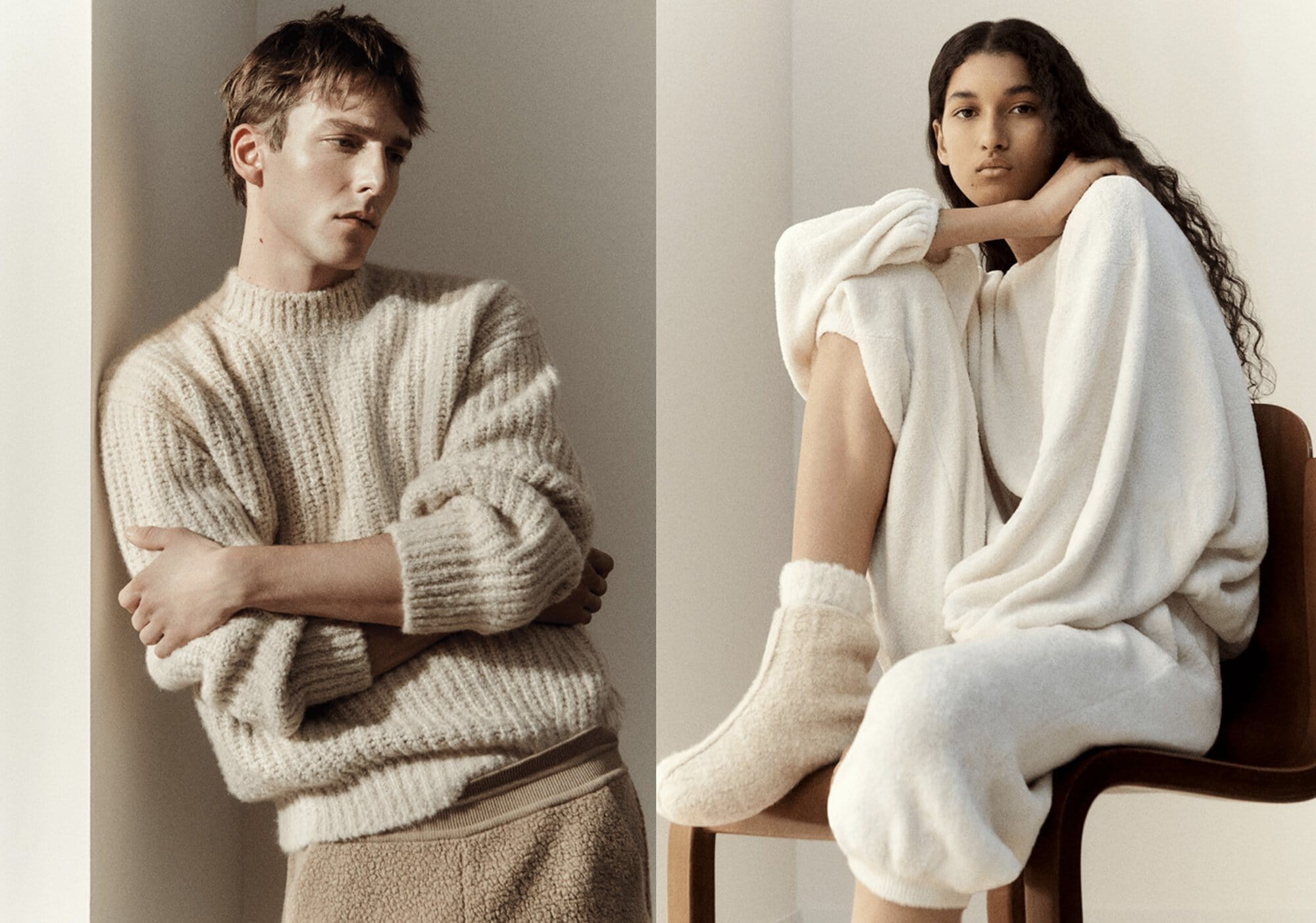 Two fashion models pose in a neutral indoor setting wearing soft knitwear in shades of beige and cream, showcasing cozy apparel.