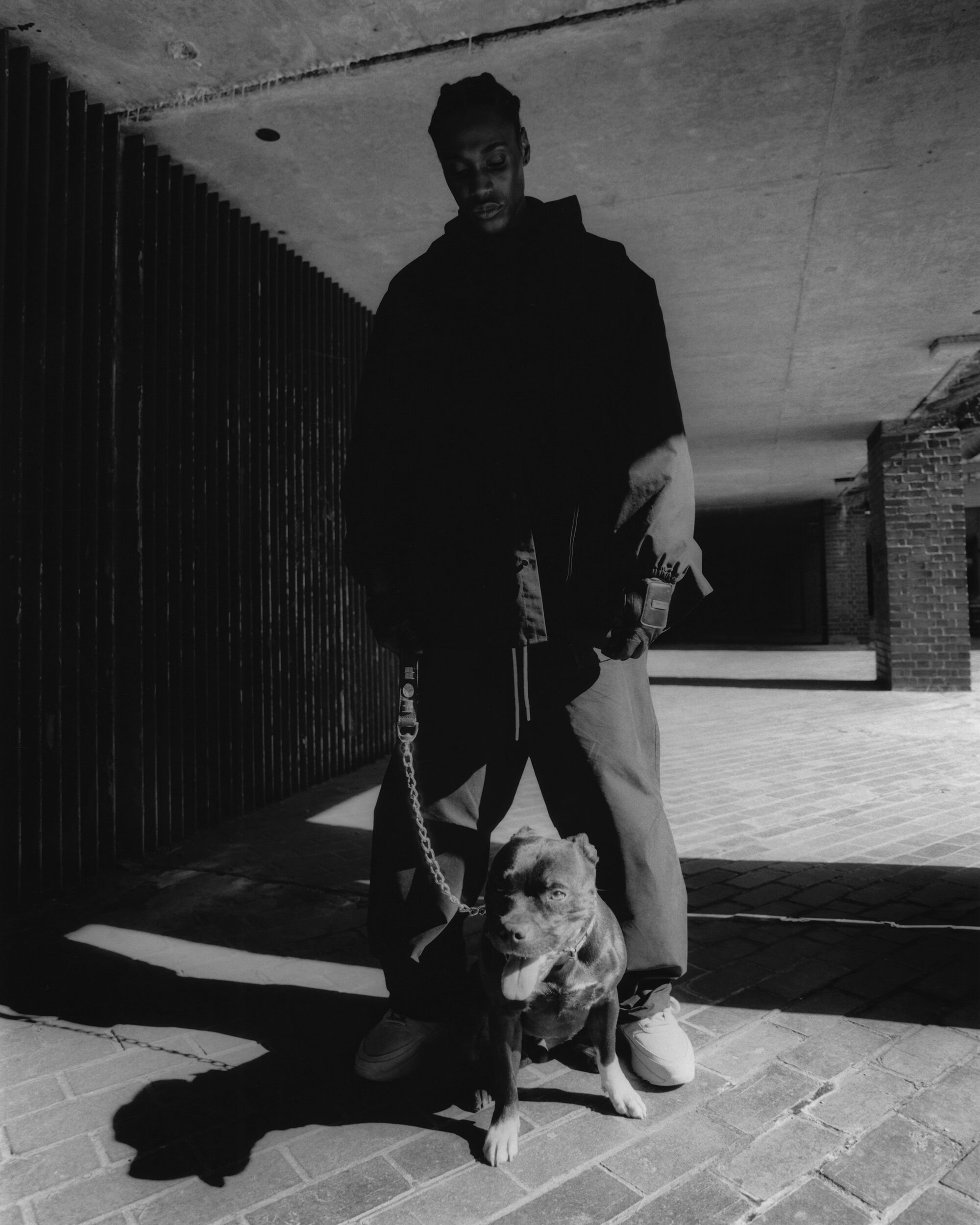 Monochrome shot of an adult male in casual wear with a dog on a leash in an urban setting, bathed in sunlight and shadow.