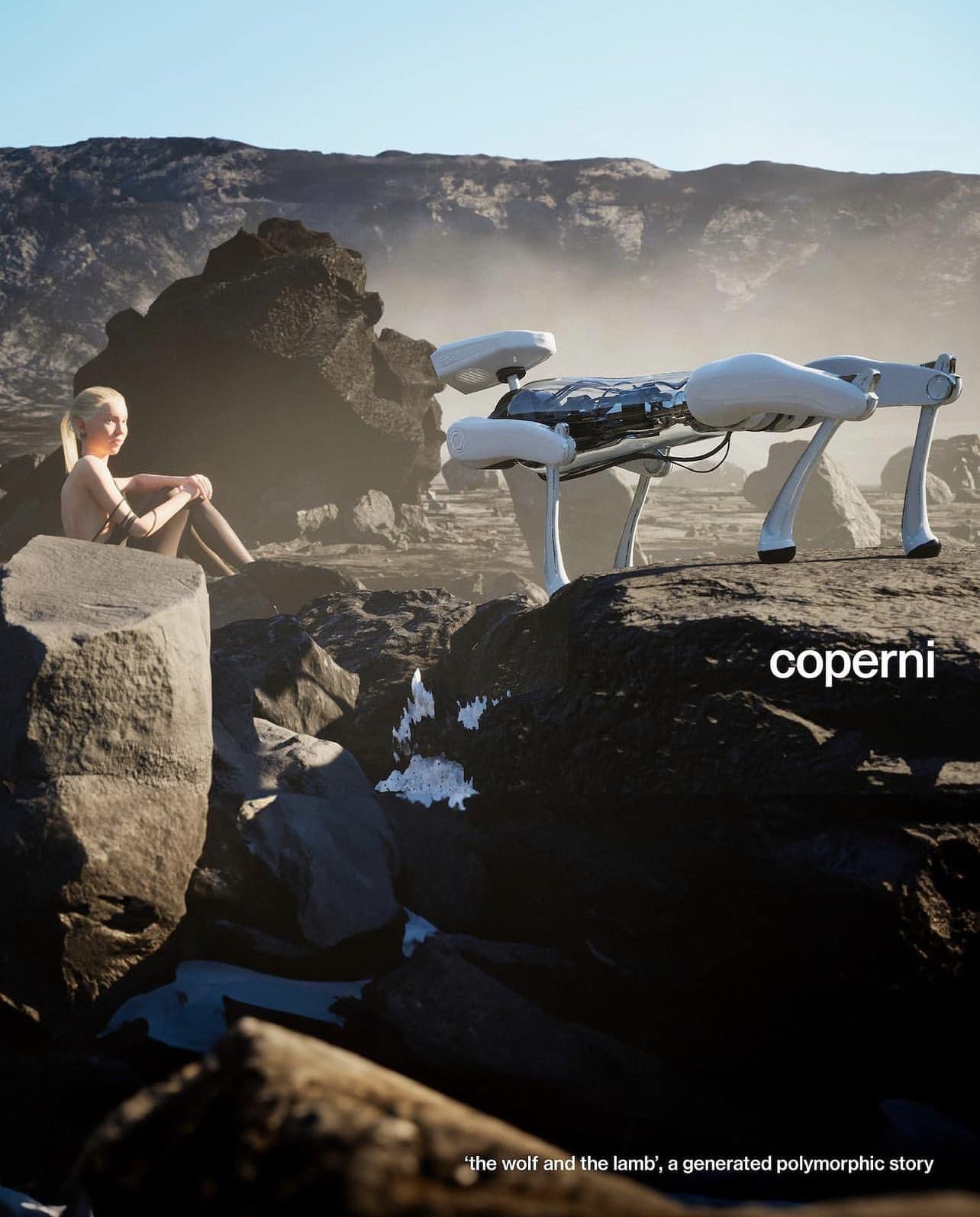 A blonde child sits on rocks next to a white robotic quadruped against a desert mountain backdrop, with a rocky foreground.