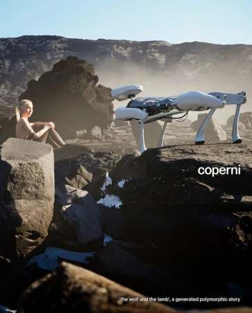 A blonde child sits on rocks next to a white robotic quadruped against a desert mountain backdrop, with a rocky foreground.