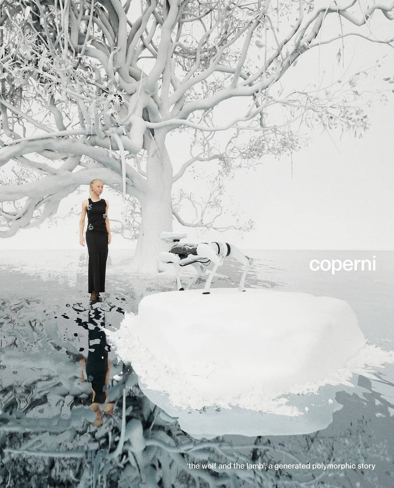 Elegant woman in a gown stands next to a robot dog in a surreal waterscape with a gnarled tree, presented in a grayscale palette.